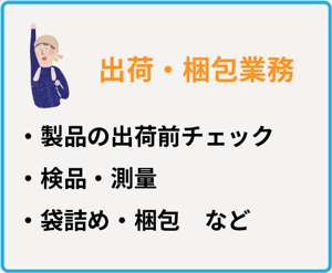 障がい者就労支援、出荷・梱包業務の説明。製品の検品、測定、袋詰めや梱包作業を担当。