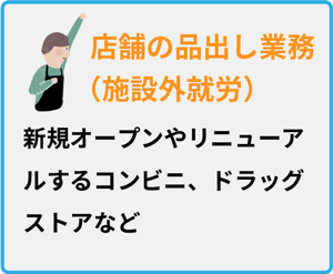 障がい者就労支援、店舗の品出し業務。コンビニやドラッグストアでの新規オープン・リニューアル時の品出し作業（施設外就労）を実施。